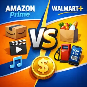 A square comparison infographic split between Amazon Prime and Walmart+, featuring icons for shipping, streaming, groceries, and gas savings with a large 'VS' in the center.