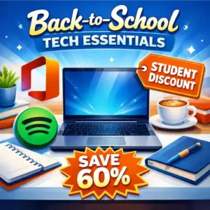 A square image showing a modern student workspace with a laptop, Microsoft Office, Adobe, and Spotify icons, featuring a 'STUDENT DISCOUNT' tag and a 'SAVE 60%' label.