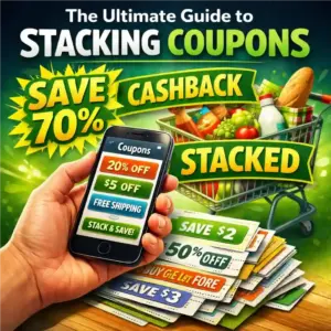 A square infographic showing a hand holding a smartphone with digital coupons, stacked paper coupons, and a shopping cart, with labels like 'SAVE 70%' and 'CASHBACK'.