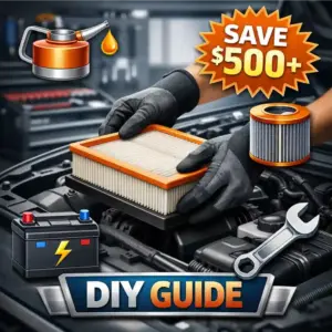 A square image showing a person's hands changing a car air filter, surrounded by icons for oil, battery, and tools, with a 'SAVE $500+' tag and 'DIY GUIDE' label.