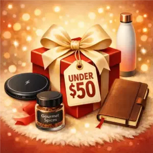 A square image featuring a red gift box with a gold ribbon and an 'UNDER $50' tag, surrounded by a wireless charger, gourmet spices, a water bottle, and a journal.