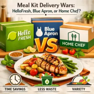 A square image featuring HelloFresh, Blue Apron, and Home Chef delivery boxes behind a beautifully plated gourmet meal, with icons for time savings, less waste, and variety.