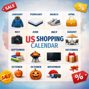 A square infographic showing a 12-month US shopping calendar with icons for electronics, clothing, and home goods, labeled with 'US Shopping Calendar' and sale tags.
