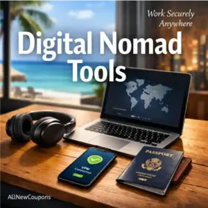 A digital nomad's workspace with a laptop, headphones, a smartphone showing a VPN connection, and a passport, set against a blurred background of a tropical beach, with a subtle "AllNewCoupons" signature. This image represents working securely and productively from anywhere.