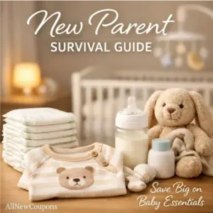 A cozy nursery scene with a stack of diapers, a baby onesie, a bottle of milk, and a teddy bear, representing essential items for new parents and the theme of saving money.