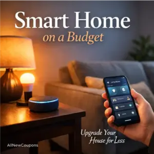 A modern living room scene featuring smart home devices like a smart speaker, an LED bulb, and a hand holding a smartphone displaying a home automation app, with a subtle "AllNewCoupons" signature. This image represents upgrading a home with affordable smart technology.